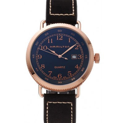Hamilton Navy Pioneer Black Dial Rose Gold Case Black Leather Strap