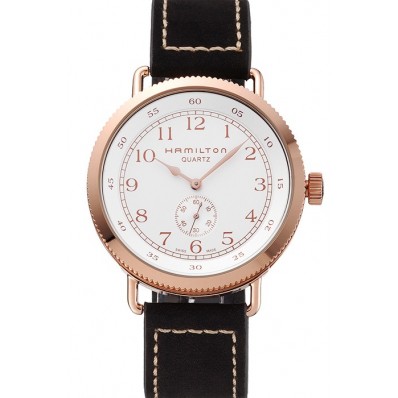 Hamilton Navy Pioneer Small Second White Dial Rose Gold Case Black Leather Strap