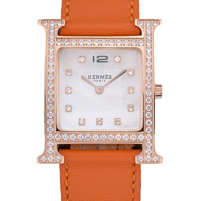 Hermes Heure H Rose Gold Diamond Encrusted Bezel Orange Leather Strap White Dial 80237