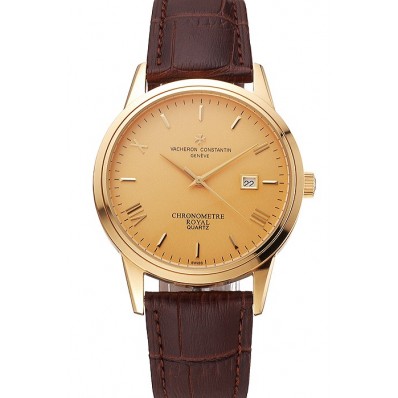 High Quality Imitation Vacheron Constantin Patrimony Chronometre Royal Gold Dial Gold Case Brown Leather Strap