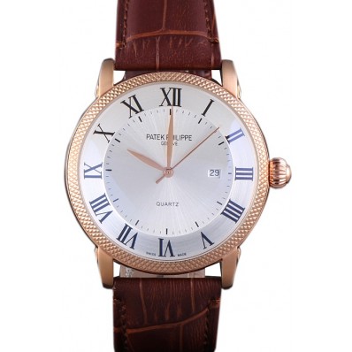 High Quality Replica Patek Philippe Calatrava Roze Gold Ribbed Bezel Brown Leather Bracelet 801434