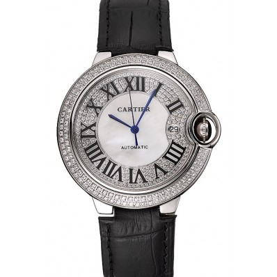 High Quality Replica Swiss Cartier Ballon Bleu 46 MM Diamond Dial Diamond Case Black Leather Bracelet 1453894