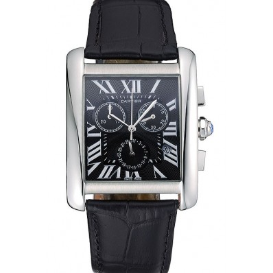 Hot Cartier Tank MC Black Dial Stainless Steel Case Black Leather Bracelet 622690