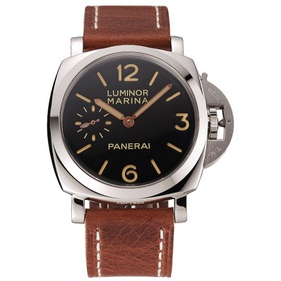 Hot Swiss Panerai Luminor Marina Black Dial Stainless Steel Case Brown Leather Strap 1453852