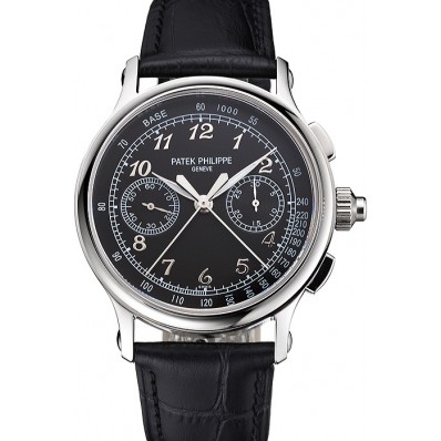Hot Swiss Patek Philippe Split Seconds Chronograph Black Dial Stainless Steel Case Black Leather Strap