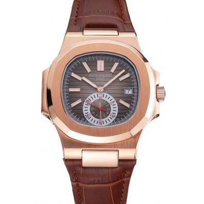 Imitation 1:1 Patek Philippe Nautilus Gray Dial Rose Gold Case Brown Leather Strap
