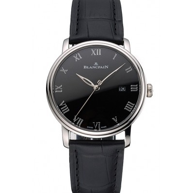 Imitation Blancpain Villeret Ultra Slim Black Dial Stainless Steel Case Black Leather Strap