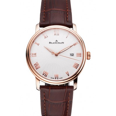 Imitation Blancpain Villeret Ultra Slim White Groved Dial Gold Numerals Rose Gold Case Brown Leather Strap