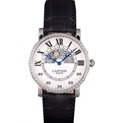 Imitation Cartier Moonphase Silver Watch with Black Leather Band ct255 621374