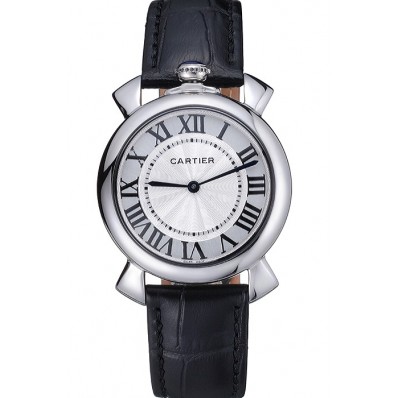 Imitation Cartier Rotonde Blue Crown Black Leather Bracelet 621975