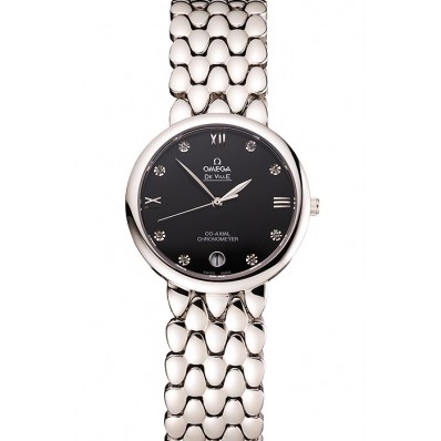 Imitation Luxury Omega De Ville Prestige Black Dial With Diamonds Stainless Steel Case And Bracelet