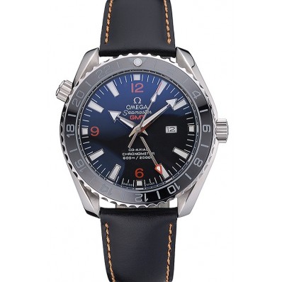 Imitation Omega Seamaster Planet Ocean GMT Black Dial Black Leather Band 622393