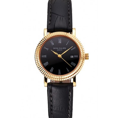 Imitation Patek Philippe Calatrava Black Dial Roman Numerals Double Ribbed Bezel Gold Case Black Leather Strap