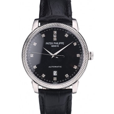 Imitation Patek Philippe Swiss Calatrava Ribbed Bezel Black Dial Black Leather Strap 7661