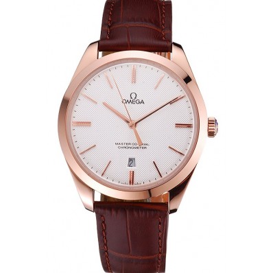 Imitation Swiss Omega DeVille Tresor White Dial Gold Case Brown Leather Strap 622846