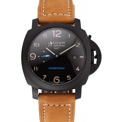 Imitation Swiss Panerai Luminor GMT Carbotech Black Dial Black Case Brown Leather Strap