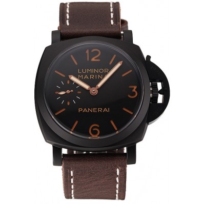 Imitation Swiss Panerai Luminor Marina Black Dial Black PVD Case Brown Leather Strap 1453847