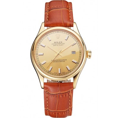 Imitation Swiss Rolex Datejust Gold Dial Gold Case Light Brown Leather Strap