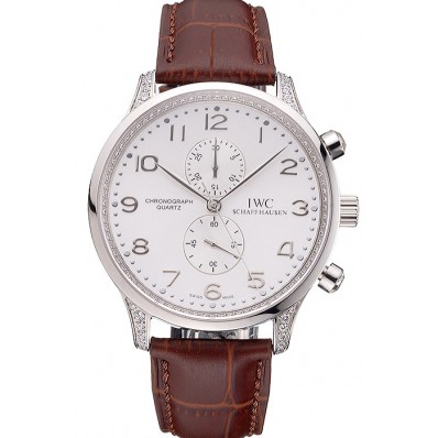IWC Portugieser Chronograph White Dial Steel Hands And Numerals Steel Case With Diamonds Brown Leather Strap