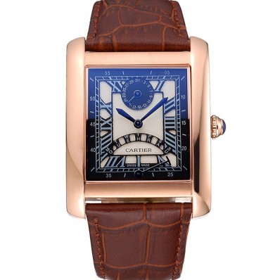 Knockoff AAA Cartier Tank Black Dial Rose Gold Case Brown Leather Strap 622765