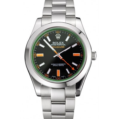 Knockoff Best Swiss Rolex Milgauss Black Dial Orange Markings Stainless Steel Case And Bracelet