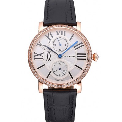 Knockoff Cartier Ronde Second Time Zone White Dial Gold Case With Diamonds Black Leather Strap 622809
