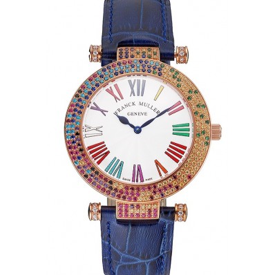 Knockoff Franck Muller Double Mistery 4 Saisons White Dial Rose Gold Case Blue Leather Strap
