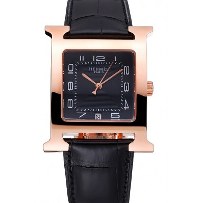 Knockoff Hermes Heure H Black Dial Gold Case Black Leather Strap
