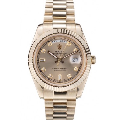 Knockoff Rolex Swiss DayDate Gold Stainless Steel Ribbed Bezel Gold Dial 41997