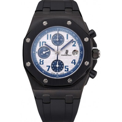 Knockoff Swiss Audemars Piguet Royal Oak Offshore White And Blue Dial Black Steel Case Black Rubber Strap 622852