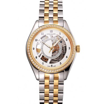 Knockoff Swiss Patek Philippe Calatrava Openworked Stainless Steel Case Gold Bezel Two Tone Bracelet