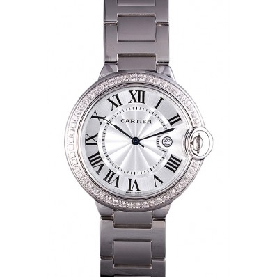 Luxury Cartier Ballon Bleu 42mm White Dial Diamonds Stainless Steel Case And Bracelet