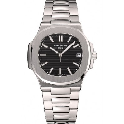 Luxury Fake Swiss Patek Philippe Nautilus Black Dial Stainless Steel Bracelet 1453947