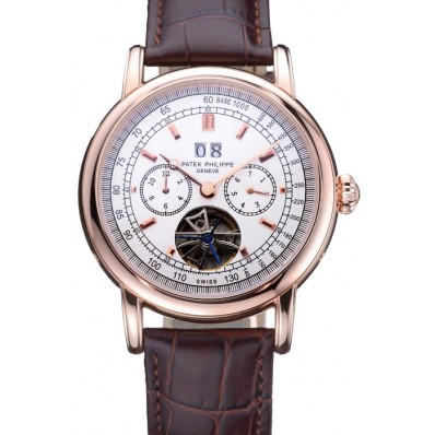 Luxury Patek Philippe Geneve Grand Complications White Dial Tourbillon Rose Gold Bezel Brown Band 622156