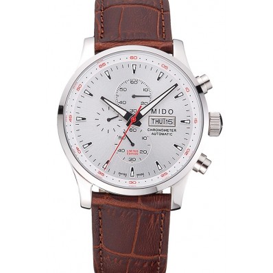Mido Multifort Chronograph Gray Dial Stainless Steel Case Brown Leather Strap