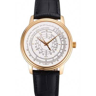 New Swiss Patek Philippe Multi-Scale Chronograph White Dial Gold Case Black Leather Strap