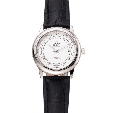 Omega De Ville Prestige Ladies White Dial Stainless Steel Case Black Leather Strap