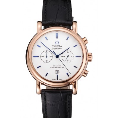 Omega Seamaster Vintage Chronograph White Dial Blue Hour Marks Rose Gold Case Black Leather Strap