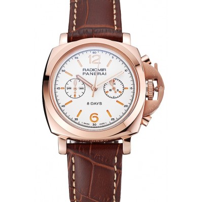 Panerai Radiomir 8 Days Chronograph White Dial Rose Gold Case Brown Leather Strap 1453796
