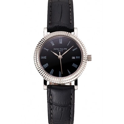 Patek Philippe Calatrava Black Dial Roman Numerals Double Ribbed Bezel Stainless Steel Case Black Leather Strap