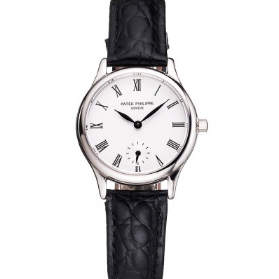Patek Philippe Calatrava White Dial Roman Numerals Stainless Steel Case Black Leather Strap