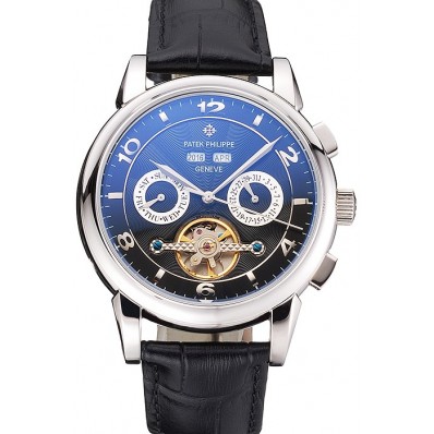 Patek Philippe Perpetual Calendar Tourbillon Black Dial Stainless Steel Case Brown Leather Strap