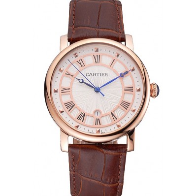 Quality Cartier Rotonde Date White Dial Rose Gold Case Brown Leather Strap