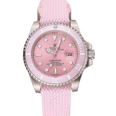 Quality Swiss Rolex Submariner Pink Dial Pink Bezel Pink Fabric Bracelet 1453981