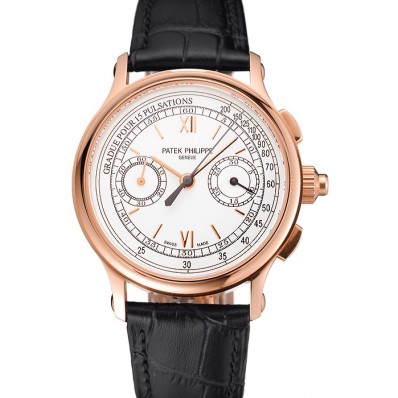 Replica AAA Swiss Patek Philippe 5170J Chronograph White Dial Rose Gold Case Black Leather Strap