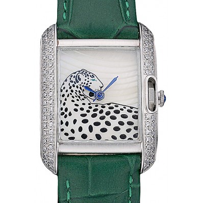 Replica Cartier Tank Anglaise White Tiger Dial Diamonds Steel Case Green Leather Bracelet