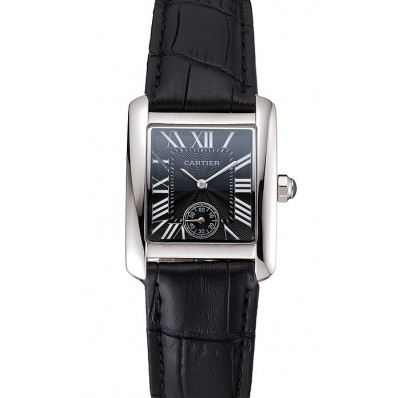 Replica Cartier Tank MC Stainless Steel Case Black Dial Black Leather Strap 622174