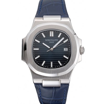 Replica Cheap Patek Philippe Nautilus Blue Dial Brushed Stainless Steel Case Blue Leather Strap