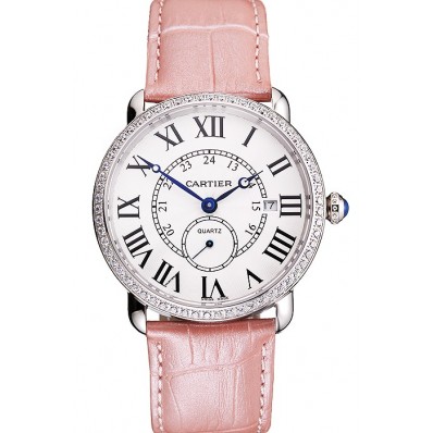 Replica Fashion Cartier Ronde Louis Cartier White Dial Stainless Steel Case Diamond Bezel Pink Leather Strap