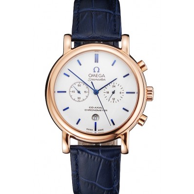 Replica Fashion Omega Seamaster Vintage Chronograph White Dial Blue Hour Marks Rose Gold Case Blue Leather Strap